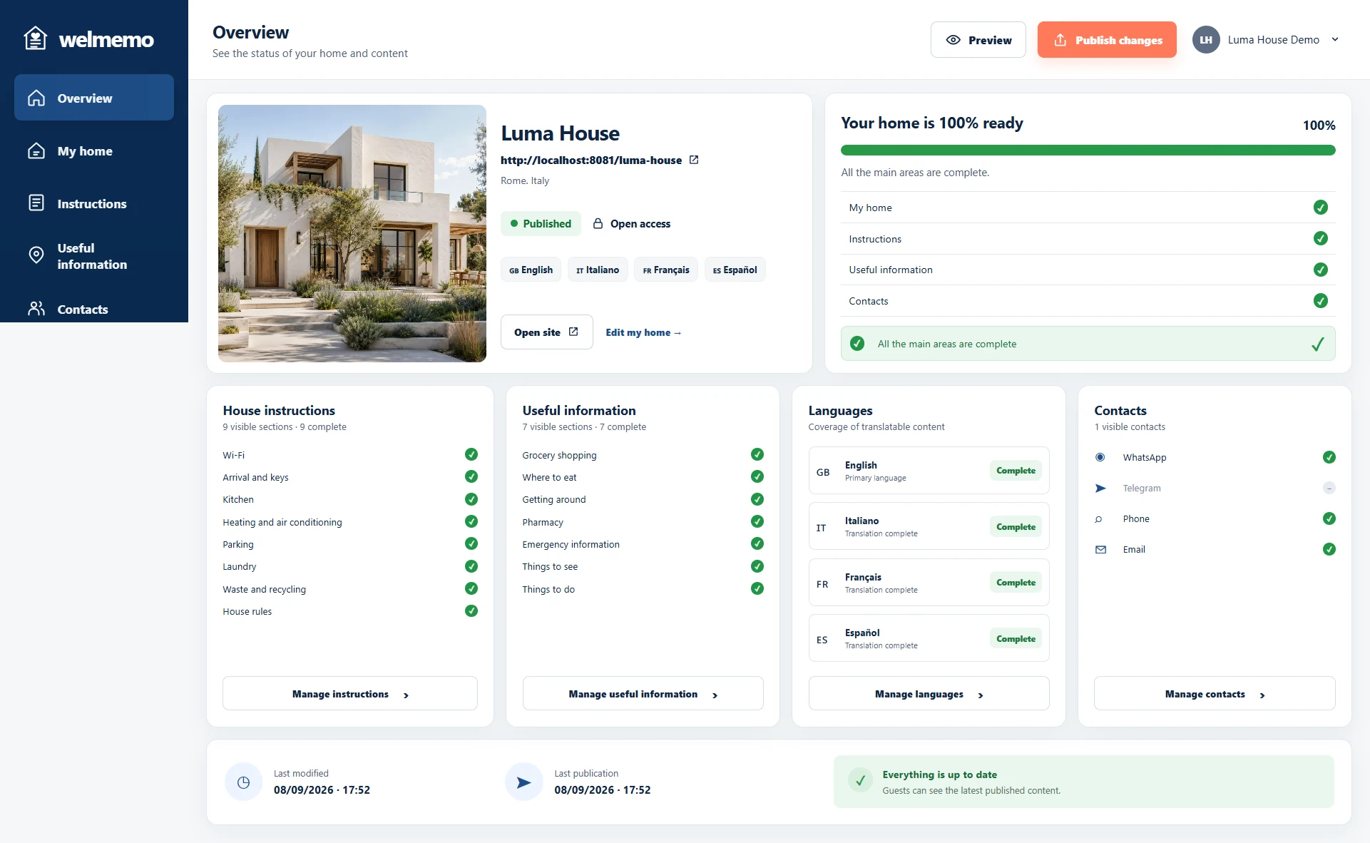 Dashboard reale di Luma House in WelMemo