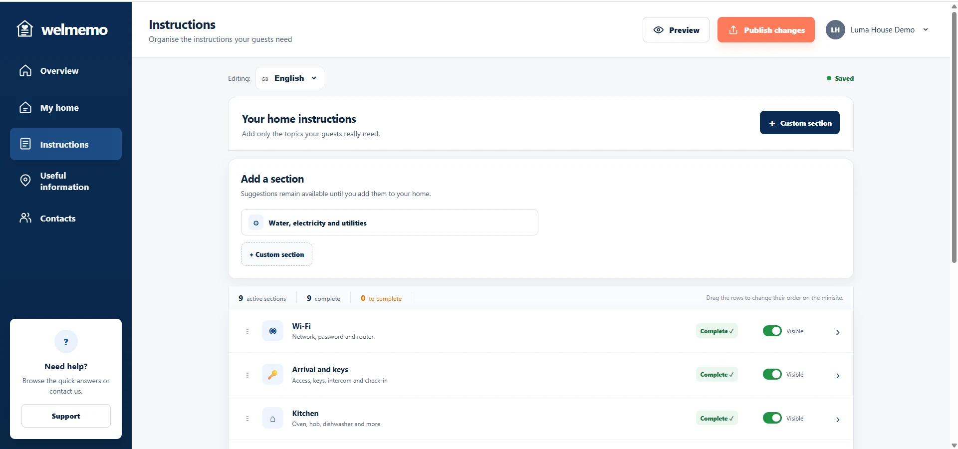Dashboard delle istruzioni di Luma House in WelMemo