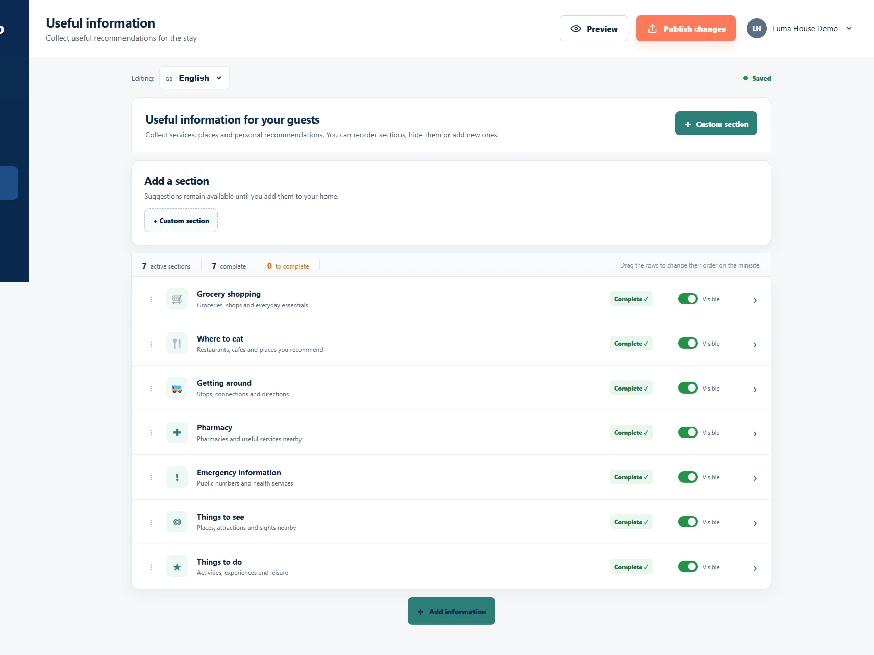 Dashboard delle informazioni utili di Luma House in WelMemo